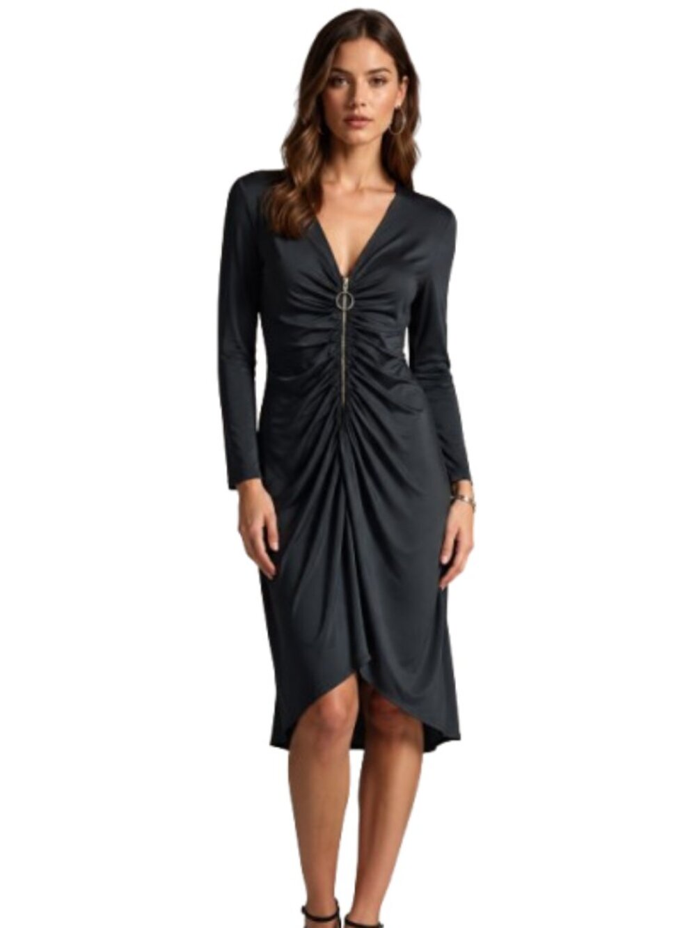 Bcbgmaxaria Black Ruched Front Zip Dress Size S (Fits M)